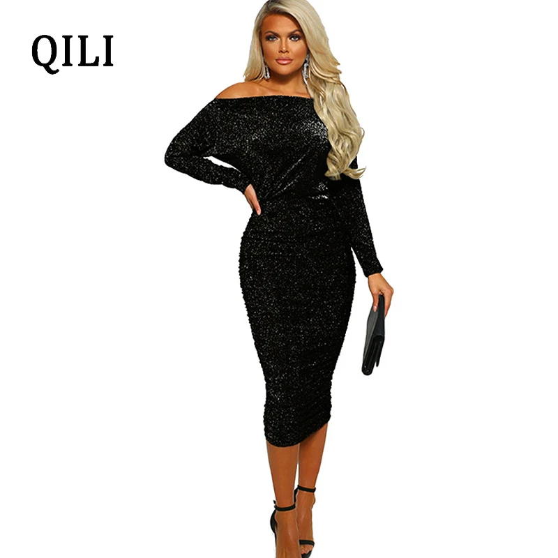 

QILI Slash Neck Sparkly Silk Dress Women Long Sleeve Off Shoulder Pencil Bodycon Dresses Wine-red Army-green Black Elegant Dress