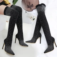 niufuni lady over the knee boots rhinestone crystal bling thight boots high heel shoes women sock comfort elastic party shoes