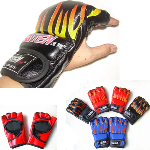 Suteng пламя напечатано Муай Тай Боксерские перчатки ММА половина пальцев Санда