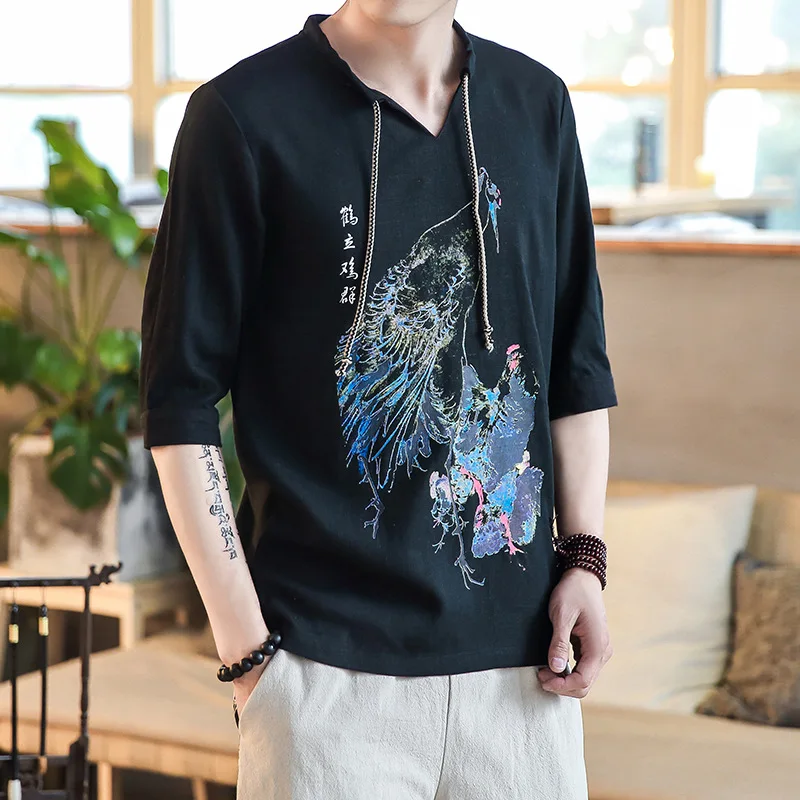 Рубашка мужская с рукавом до локтя льняная сорочка из хлопка и льна в китайском