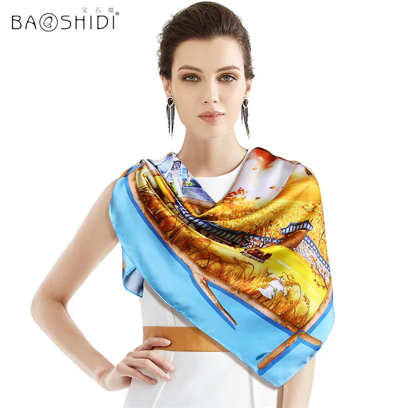 Женские шарфы роскошного бренда шарф из 100% шелка с квадратным узором Пляжная