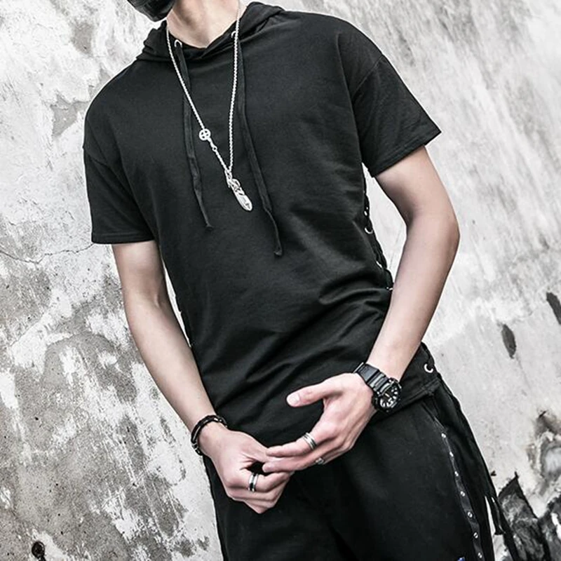 Streewear Для мужчин уникальная Двусторонняя шнурок летние футболка с капюшоном