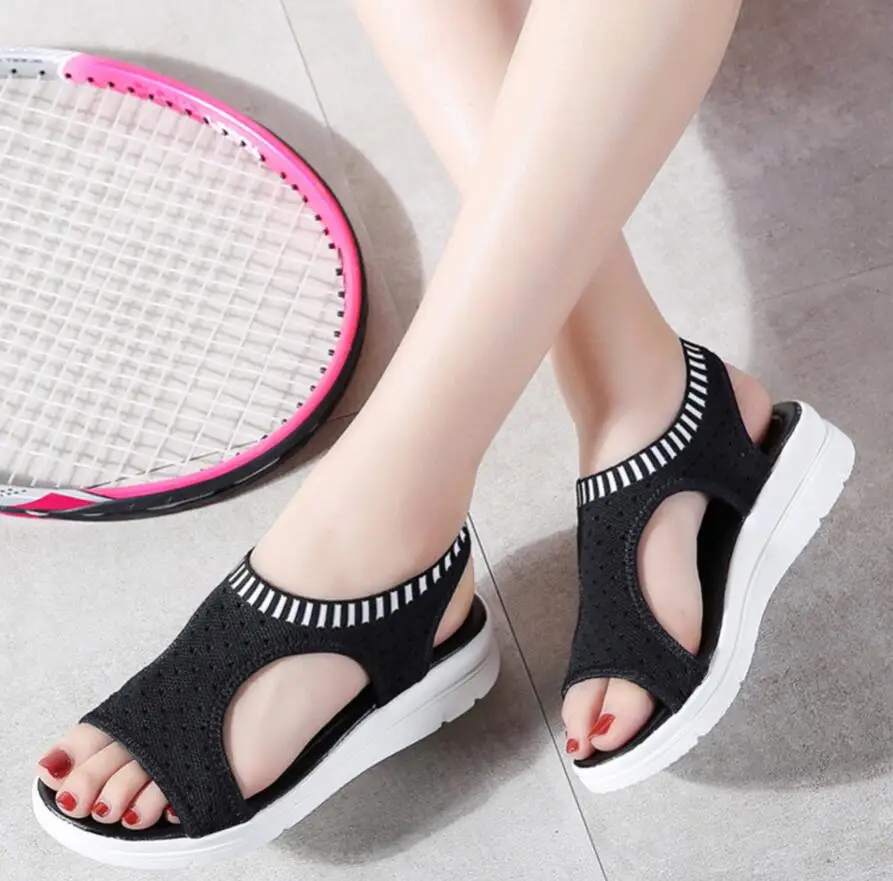 Модные женские сандалии лето 2019 дышащие удобные прогулочные туфли черные на