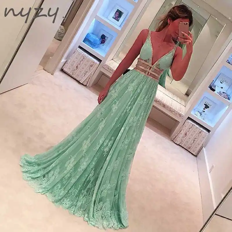 mint green NYZY P9 кружева мятного, зеленого цвета 2 шт Выпускные платья длинное сексуальное просвечивающее Официальное Платье женское элегантное праздничное платье longo robe - Цвет: mint green