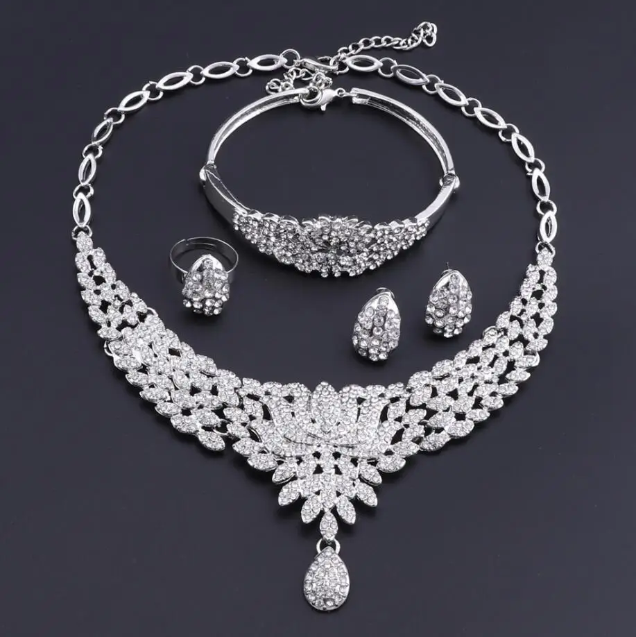 silver Свадебный подарок нигерийские Свадебные африканские бусы комплект ювелирных изделий Модный Дубай Полный Кристалл ювелирный набор костюм дизайн цветок ожерелье набор - Окраска металла: silver