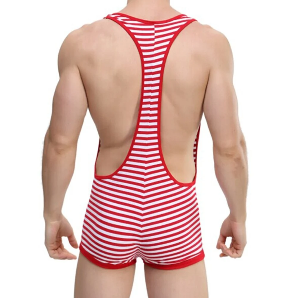 Swimwear Mens Singlet Broat Mankini Swimsuit Striped Wrestling Boxer Shorts Swimming Suit Bulge Pouch Shorts Sexy Bathing Suit