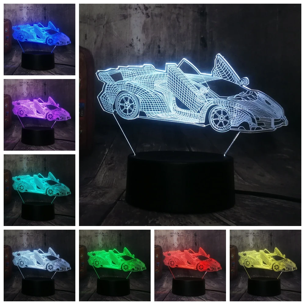 Современный 3D родстер автомобильный светодиодный ночник RGB 7 цветов сменный USB