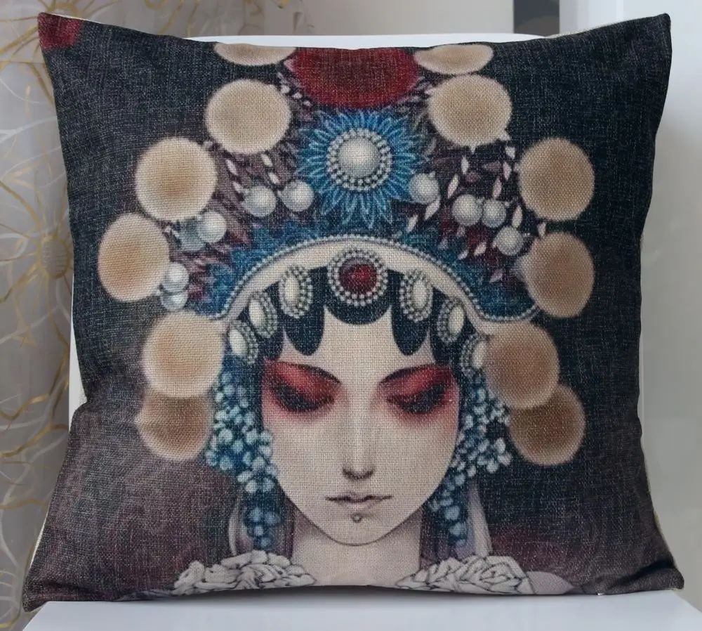 

Oriental Linen Cushion Cover Chinese Decorative Throw Pillow Case Opera Actress Bed Sofa Pillows Covers Home Decor Gifts 18"x18"