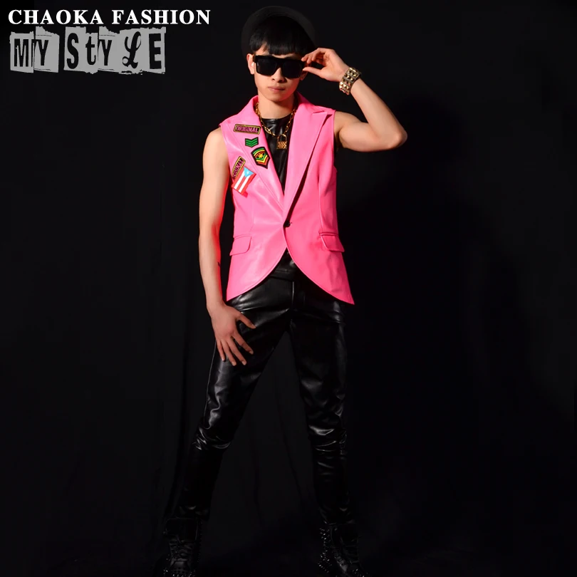 

2018 6XL///Pretty and fashionable pink PU suit DJDS stage nightclub bar singer performance dress.