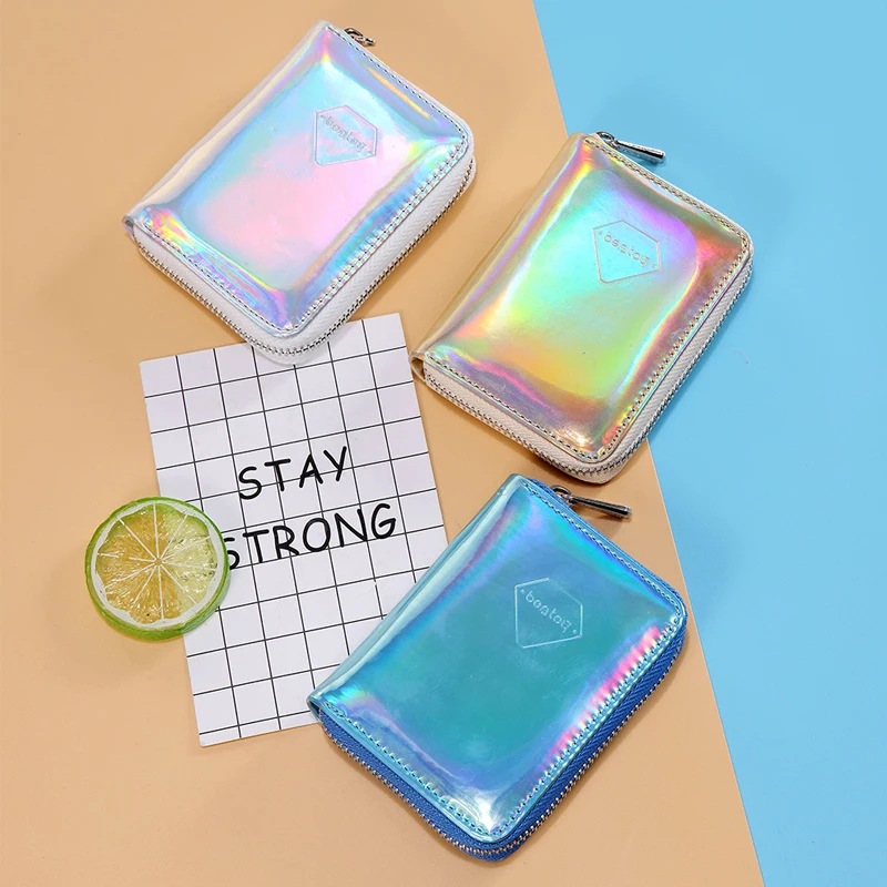 Маленький серебристый кожаный женский кошелек с голограммой органайзер для