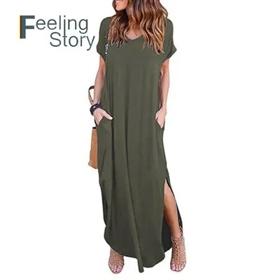 Женское летнее платье повседневное Свободное длинное макси с карманом бохо