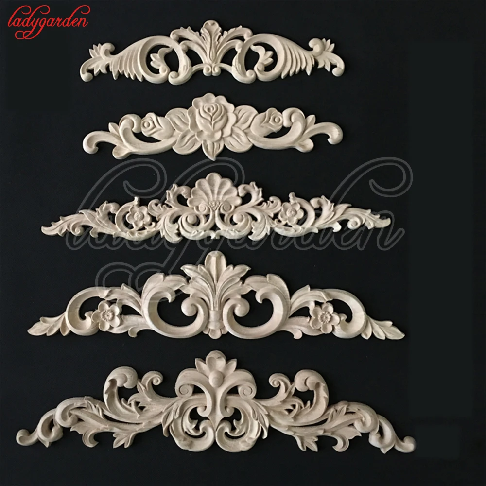 

Vintage Unpainted Decorative Wood Carved Decal Corner Floral Onlay Applique Frame for Wall Doors Cabinet Furniture Figurines