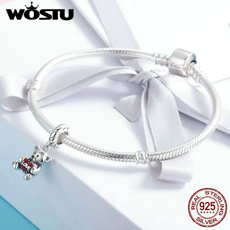 WOSTU 100% Серебряная коллекция животных маленький Медвежонок с любовью шарм