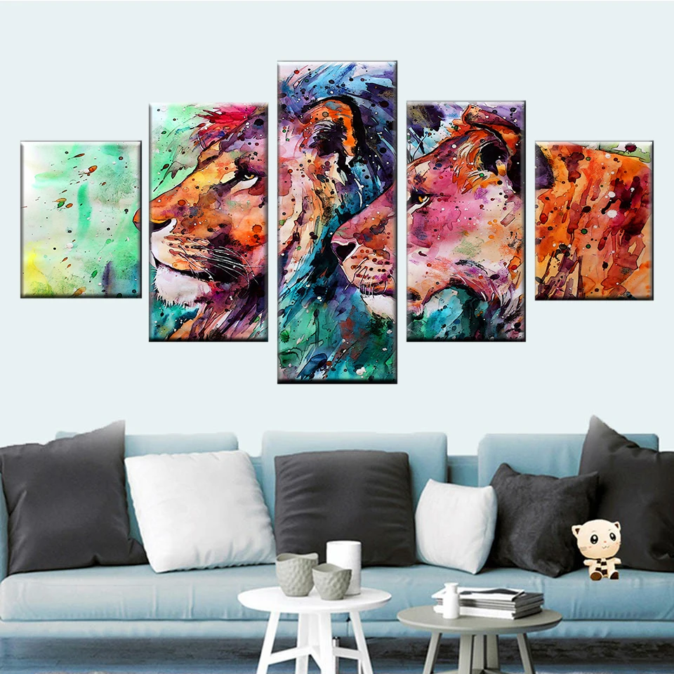 Nordic wall art рамка картина 5 панель Красочные льва холст с печатью постера