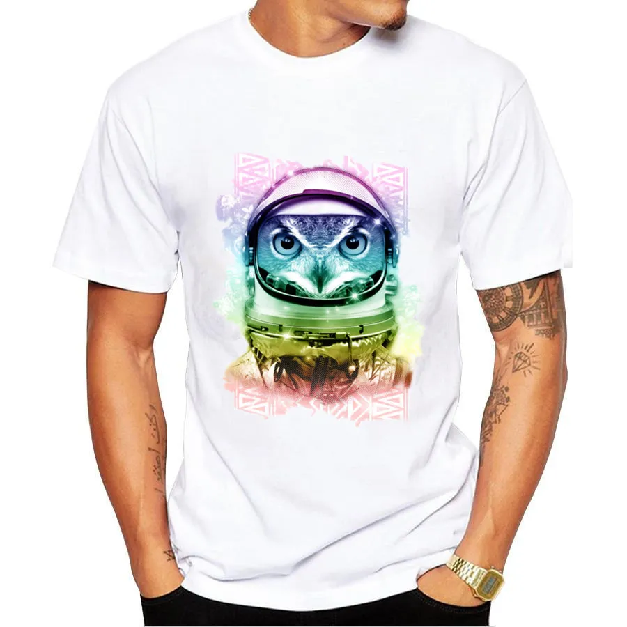 Мужская футболка с коротким рукавом белая принтом в виде космической совы |