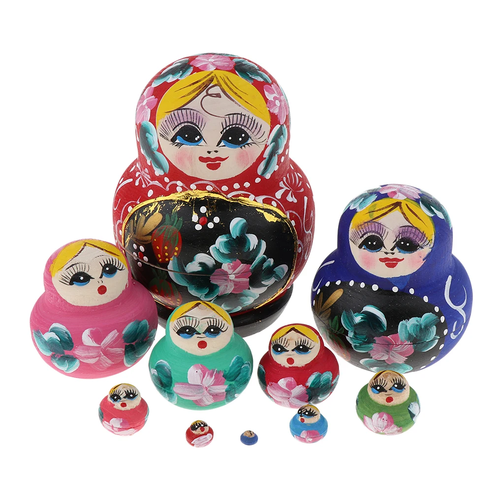 

10 Pieces Hand Painted Flower Girl Russian Nesting Doll Wooden Babushka Matryoshka Stacking Dolls Home Office Decor