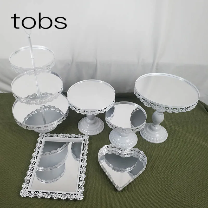 mirror 6 pcs 1 Белый Кружевной Край День Рождения украшения кристалл набор Поп 3 уровня металлический держатель для кекса стойка для торта - Цвет: mirror 6 pcs 1