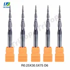 5 шт.лот R0.25 * D6 * 30,5 * 75L * 2F HRC55 Вольфрам твердосплавное покрытие коническая конусная фреза с ЧПУ