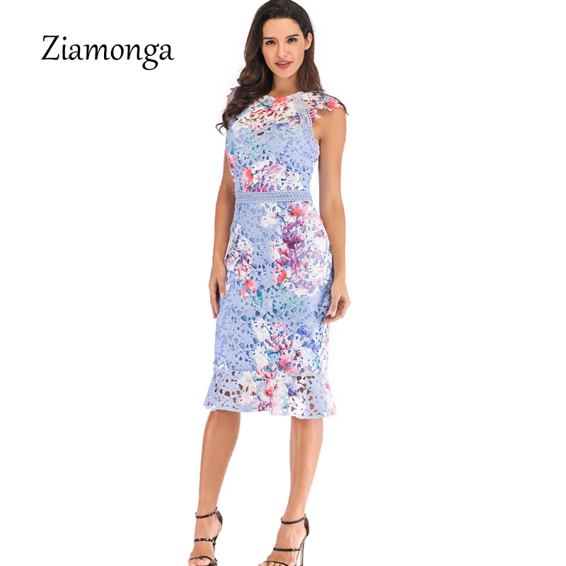 Ziamonga Autumn Women Fashion Mermaid Dress European Style Slim Sleeveless Printed Lace Party Elegant Sexy Bandage | Женская одежда