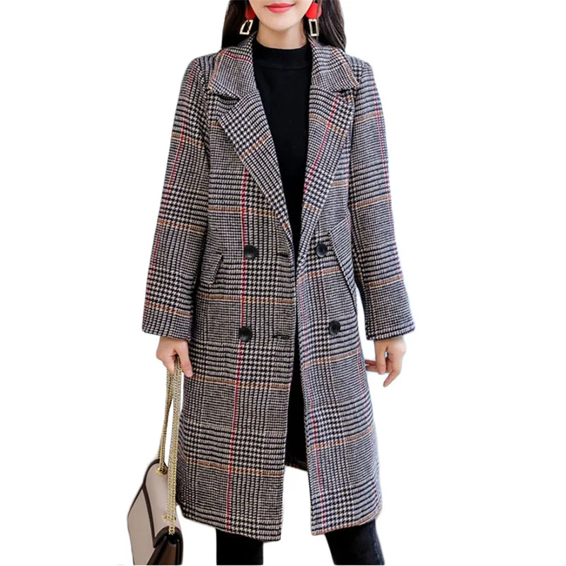 

Winter Long Woolen Coat Women's Korean Vintage Double-breasted Plaid Wool coat Female Long Sleeve Blends Outerwear Coats A1000