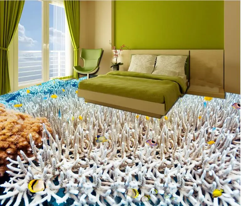 Самоклеящиеся 3D обои для стен напольные с рисунком коралловых тропических рыбок