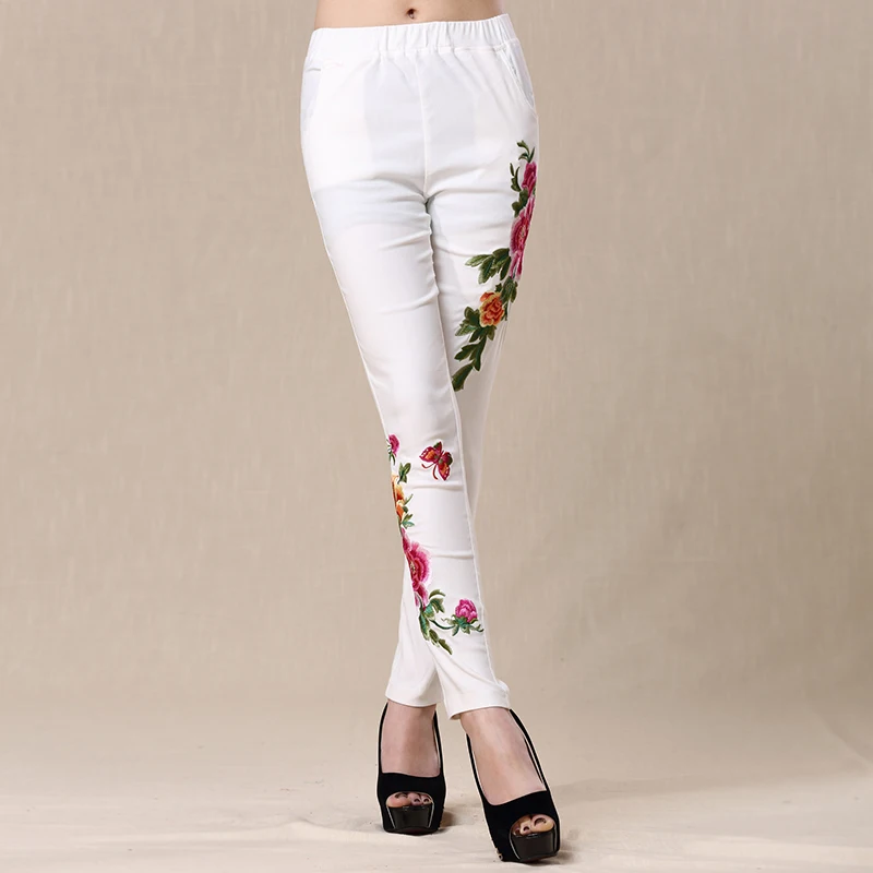 

White Women spring autumn bohemian design long black embroidery pencil pant trousers traditional Chinese Style Clothing Lady