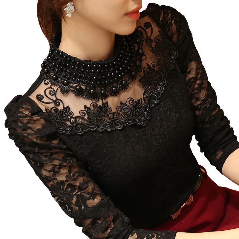 2017 новая мода большие размеры женские рубашки воротник стойка с жемчугом