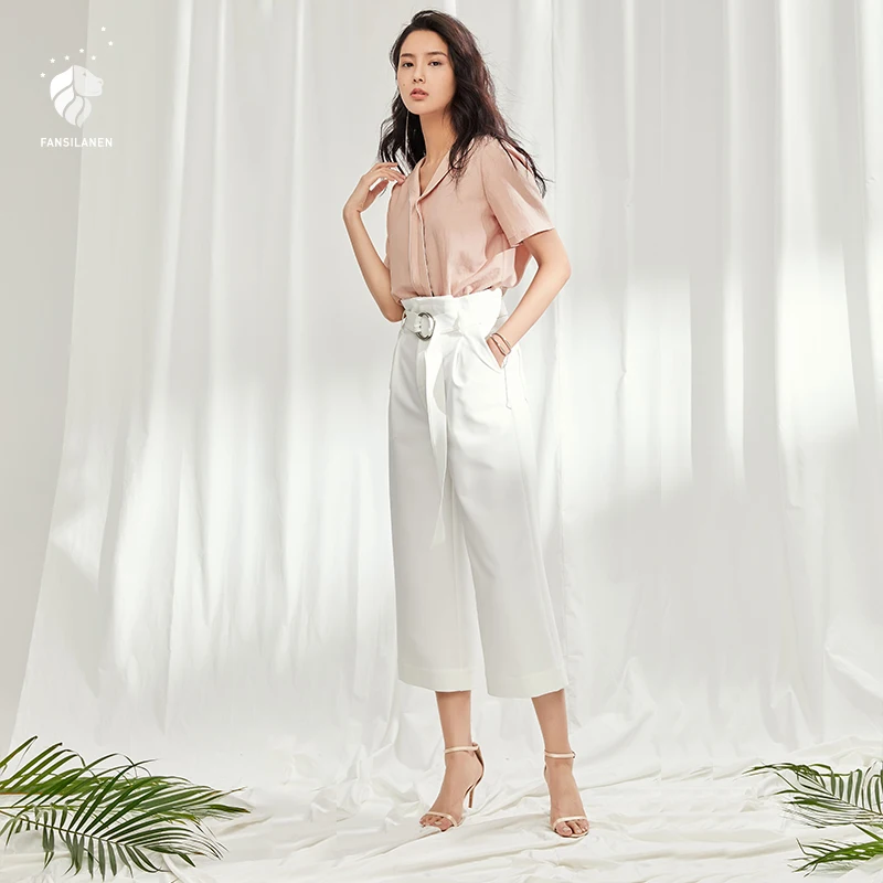 FANSILANEN 2019 Fashion New Arrival Summer/Spring Women Loose Work Office Laddy Waist Wide Leg Solid White Z82485 | Женская одежда