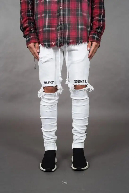 Новые мужские джинсы Pantalones уличные черные отверстия дизайнерские белые полосы