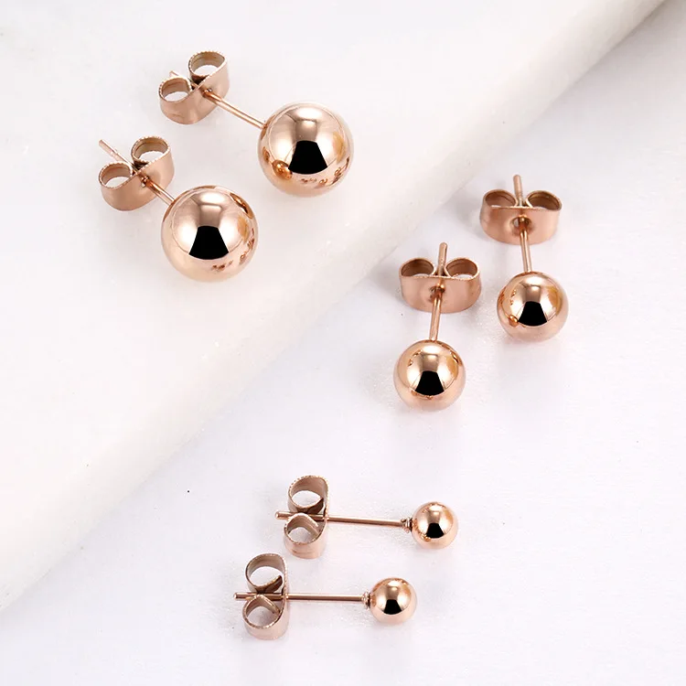 Classic Rose Gold Titanium Steel Glossy Ball Stud Earrings 8/6/4mm Round Beads Anniversary Jewelry For Women JE18115 | Украшения и