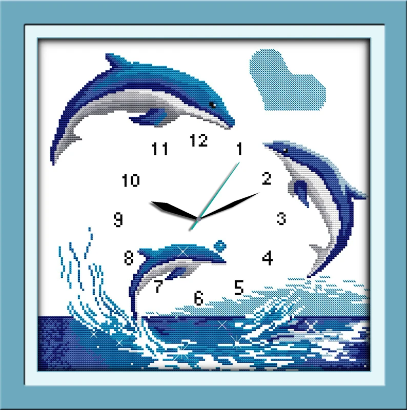 

Blue dolphins cross stitch kit 14ct 11ct count print canvas wall clock stitching embroidery DIY handmade needlework