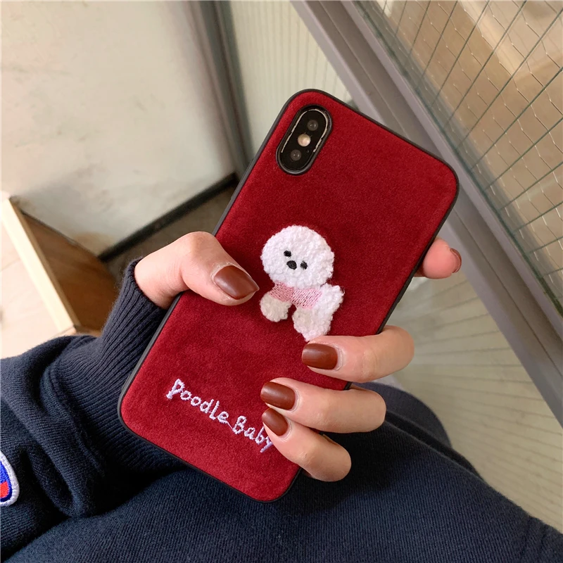 brownish red embroidery leather 3D Cute cartoon toy poodle phone Case For Apple iphone 6 6s 7 8 Plus X XS XR MAX |