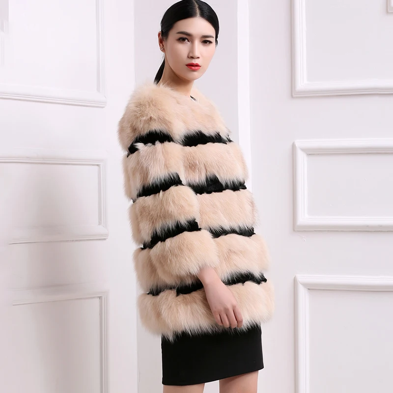 Женское пальто из натурального меха LVCHI однотонное в полоску с длинными рукавами