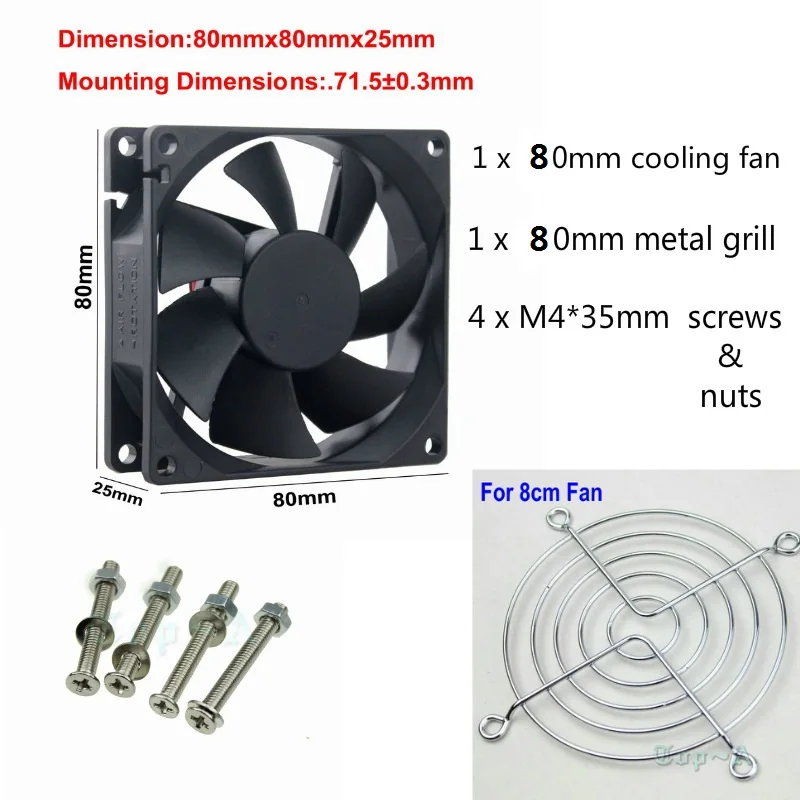 

Gdstime 1Pcs 8cm 80mm x 25mm DC 12V Axial Flow Brushless Cooling Fan 8cm fan grill and M4*35MM screws and nuts