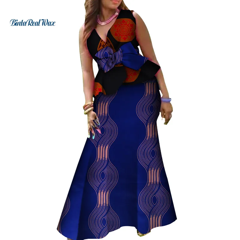 

Traditional African Women Clothing 2 Pieces Skirts Sets African Bow Tie Top and Skirts Sets for Women Bazin Riche WY4240