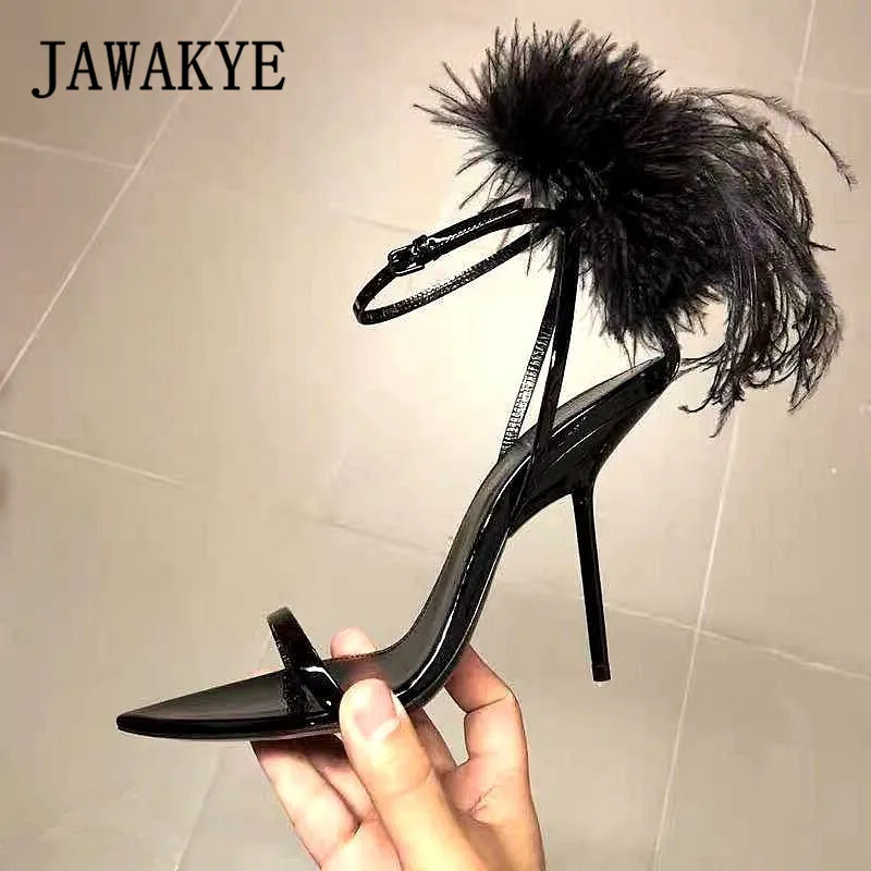 JAWAKYE/черные Босоножки на каблуке с перьями; женские модельные туфли на очень высоком каблуке из страуса; женские меховые сандалии; обувь для вечеринок