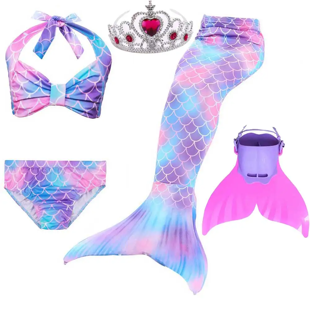 5pcs Mermaid Set 1 Купальный костюм-бикини для девочек с хвостом русалки для плавания; Детский костюм принцессы Ариэль; Блестящие купальники и ласты - Цвет: 5pcs Mermaid Set 1