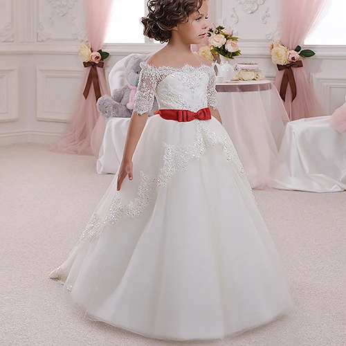 

First Communion Dress Hollow Back Lace Up Appliques Half Sleeves Bow Shoulderless Ruffle Little Girl Christmas Tulle Ball Gown