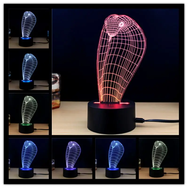 Животное Кобра голова змеи Форма 3D светодио дный LED USB лампа творческий Красочные