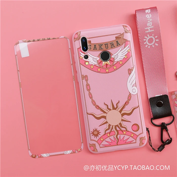 Nova 5 5i Cute Cardcaptor Sakura Case +Tempered Glass Screen film case for Huawei Nova4 / Nova4E 3 3E 2S with straps |