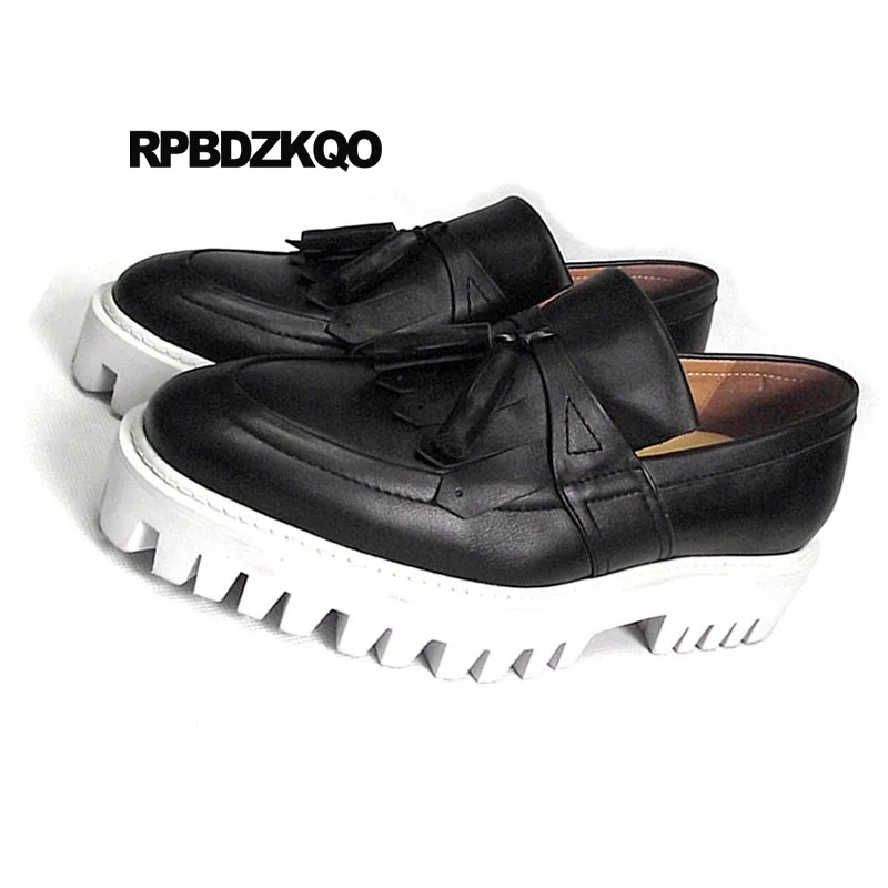 Loafers Plus Size British Style Luxury Spring Real Leather Platform Creepers Black High Quality Tassel Genuine Brand Shoes Men | Обувь