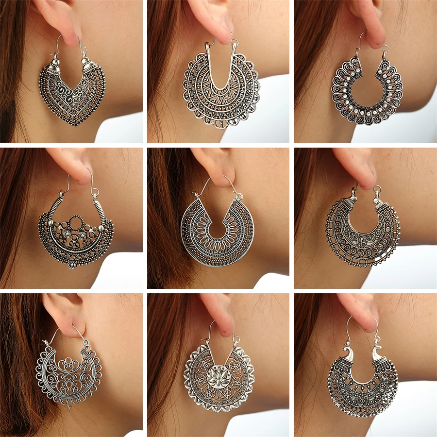 

HuaTang Vintage Ethnic Earring Geometric Antique Silver Color Gold Hollow Flower Drop Earring Piercing Earring Statement Jewelry