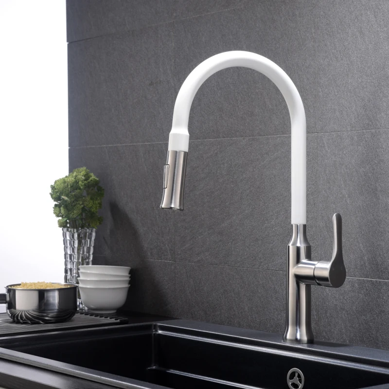 THUN Pull Down Stainless Steel Kitchen Faucet Black White Finish Dual Sprayer Nozzle Hot Cold Water Sink Mixer Torneira Cozinha |