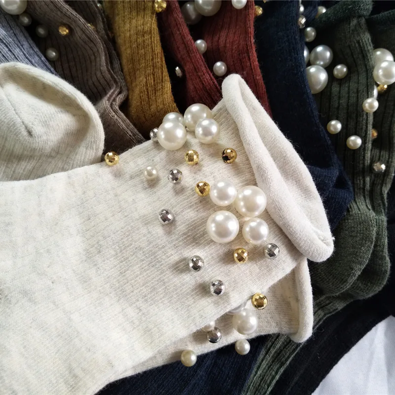 Милые носки ручной работы с жемчугом золотистого и серебряного цвета модные