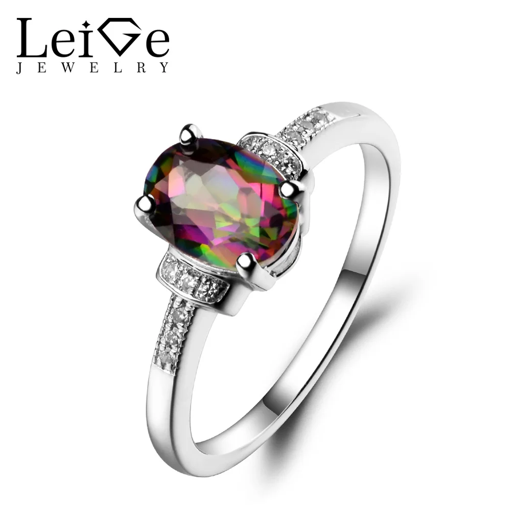 

Leige Jewelry Mystic Topaz Wedding Rings Solid 925 Sterling Silver Oval Cut Rainbow Fine Gemstone November Birthstone Ring Gifts