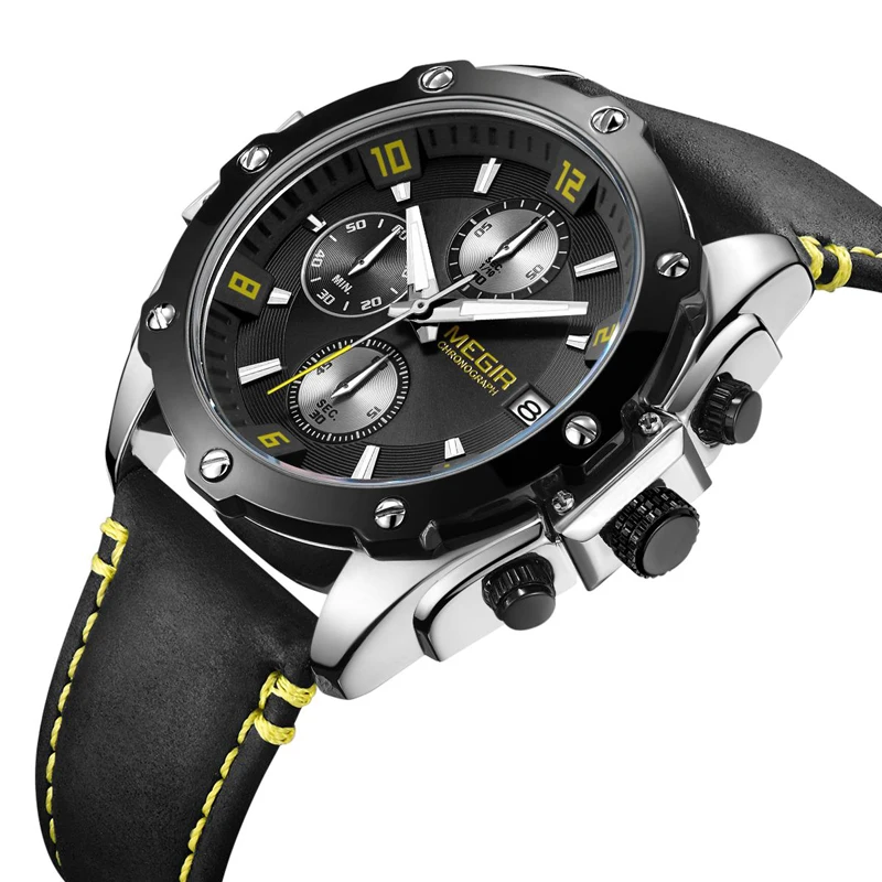 Megir Brand Chronograph Men Relogio Masculino Blue Leather Business Quartz Watch Clock Creative Army Military Wrist | Наручные часы