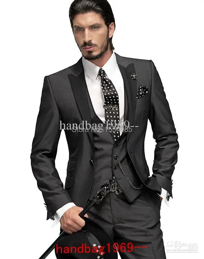 2015 Custom Made One button Charcoal Groom Tuxedos Best Man Suits Groomsmen Men Wedding (Jacket+Pants+Vest+Tie) OK:324 | Мужская одежда
