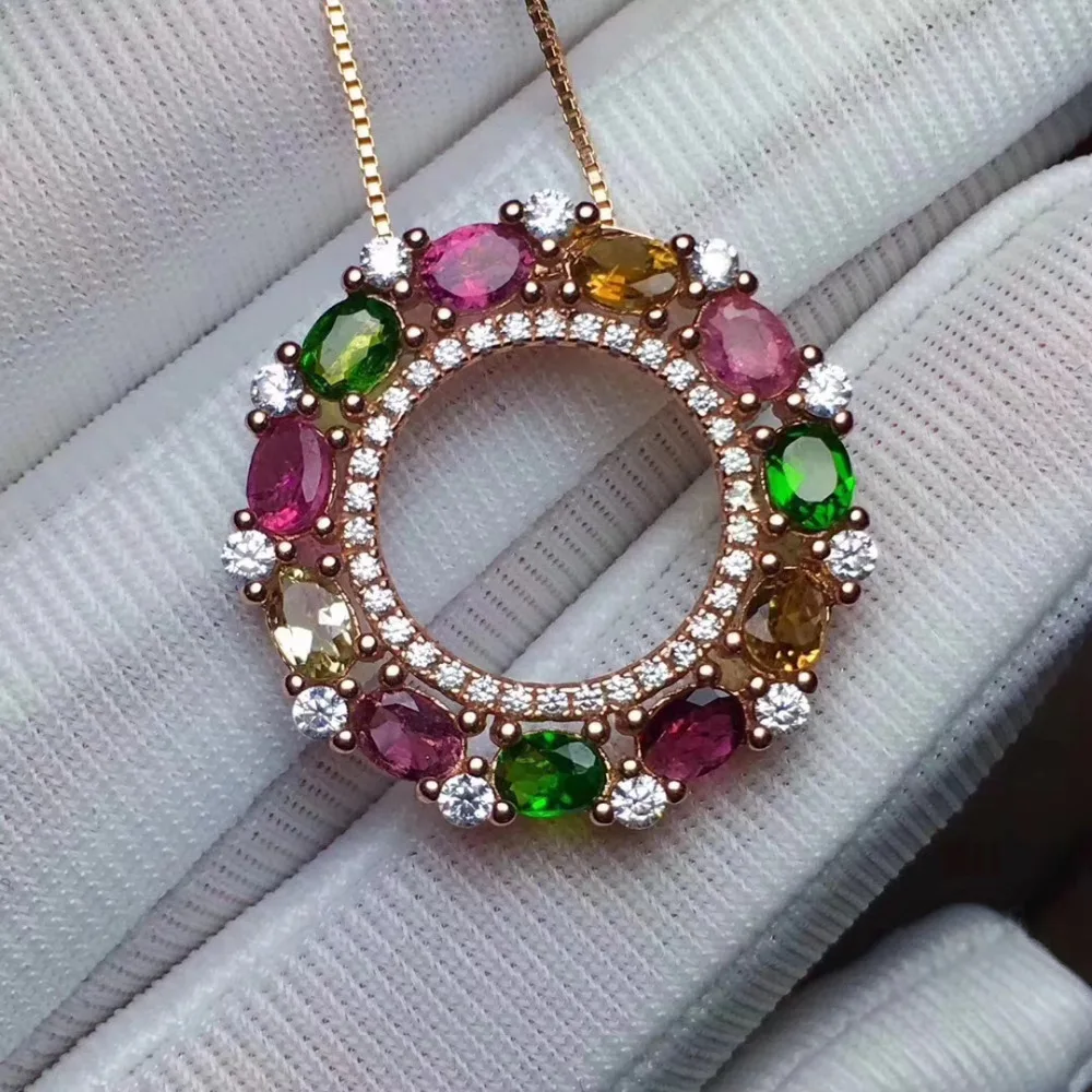 

natural Multicolor tourmaline Pendant natural gemstone pendant necklace S925 silver lovely circular round wheel gift jewelery