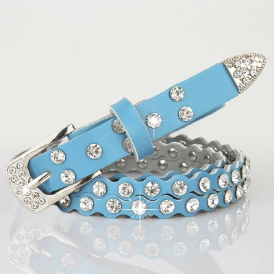Sky Blue 2cm Черные джинсы из натуральной кожи, ремни, женские ремни с пряжкой, роскошные ремни со стразами для женщин, женские ремни с заклепками из воловьей кожи - Цвет: Sky Blue 2cm