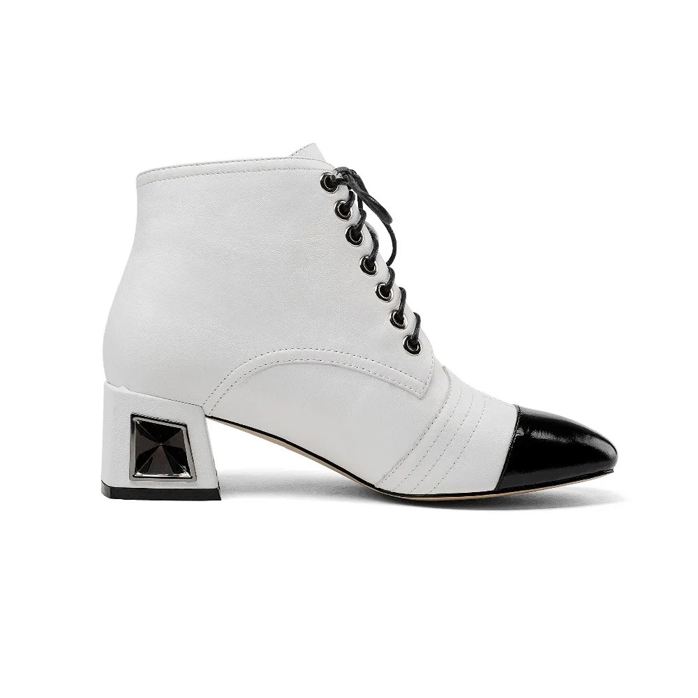 Beli Asli Niat Fashion Wanita Pergelangan Kaki Sepatu Bot Kulit Sapi Ujung Persegi Persegi Sepatu Boots Hitam Putih Sepatu Wanita Ukuran US 3 -10.5